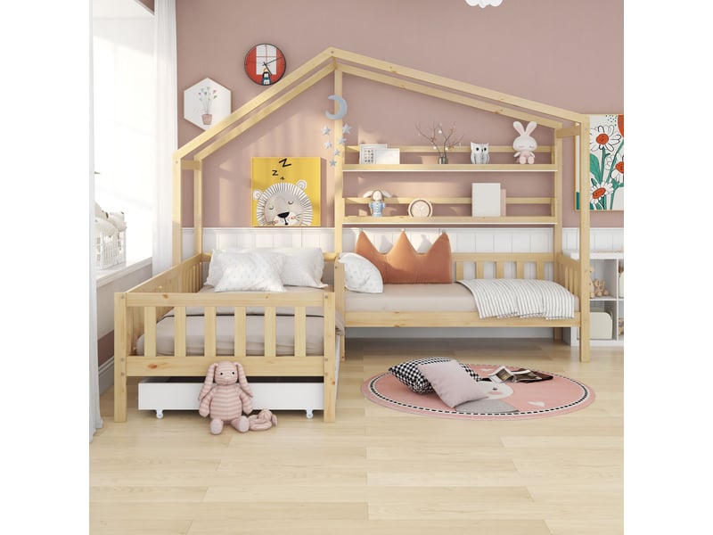 Lit cabane 2 couchages 90 × 200 cm et 140 × 70 cm avec tiroir, étagères et barrière, sans matelas, naturel - Conforama D