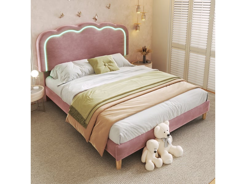 Lit enfant 140x200 cm, lit double capitonné, avec sommier à lattes et tête de lit led réglable, velours, rose, sans matelas - Conforama B
