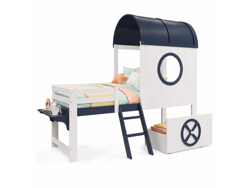  Lit mezzanine enfant 90 x 200 cm avec toit, tiroir à roulettes et échelle  - Conforama A
