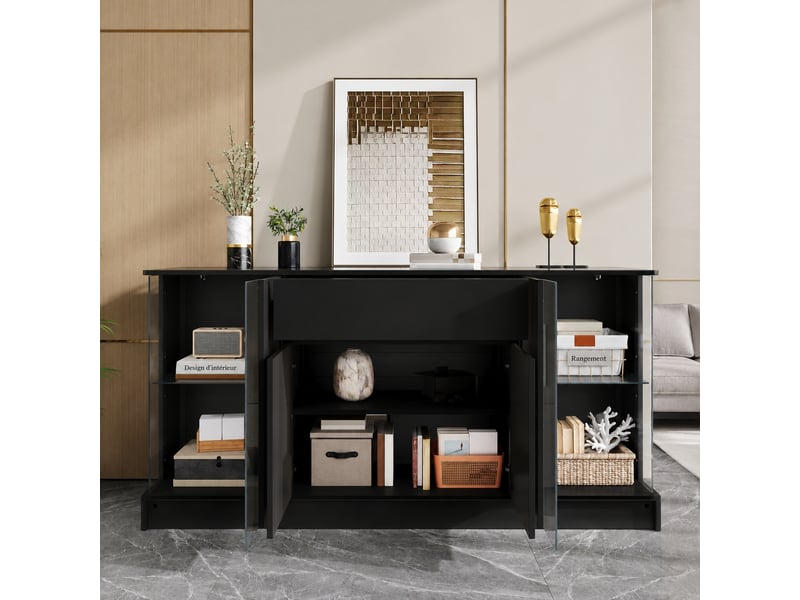  Buffet noir avec vitrines en verre, éclairage led contrôlé par application, 150 cm  - Conforama B