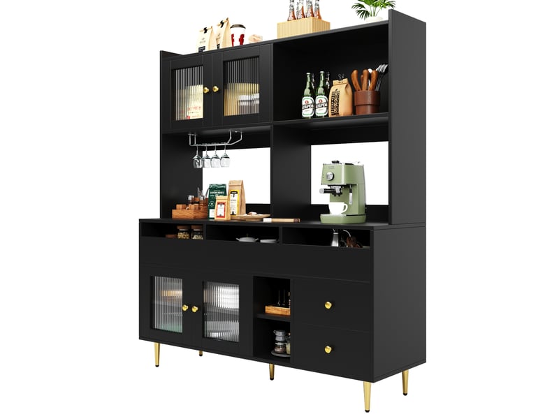  Buffet haut 145 x 39 x 171 cm en mdf, portes en verre strié, noir et doré  - Conforama A