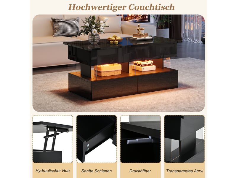  Table basse coloris noir 100 × 50 × 46 cm, en mdf et acrylique, avec 2 tiroirs, éclairage led et rangement ouvert  - Conforama D