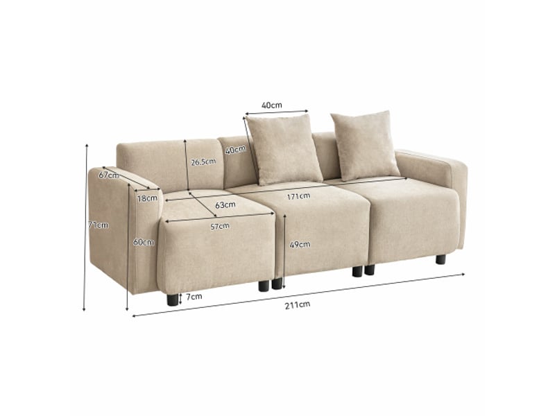  Canapé standard, design moderne, meuble rembourré, canapé 3 places, canapé de salon, canapé avec coussins décoratifs, chenille  - Conforama D