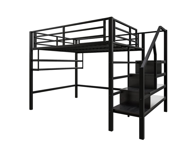  Lit mezzanine noir 140x200 cm avec étagères, échelle rangement et garde-corps  - Conforama D