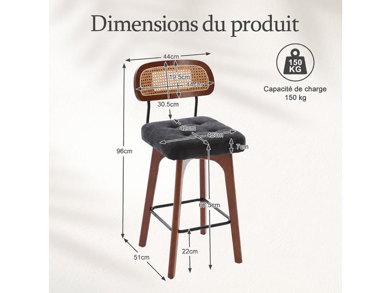 Lot de 2 tabourets de bar pivotants 360° avec dossier en rotin et assise en chenille, noir, 44 x 51 x 96 cm Fay Lum - Conforama C