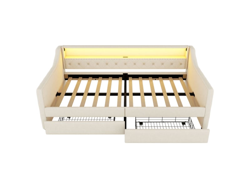  Lit de jour, 90 x 200 cm, canapé-lit, lit de jour avec sommier à lattes (sans matelas), éclairage d'ambiance avec télécommande, deux tiroirs de rangement, port de chargement usb, lin, beige  - Conforama D