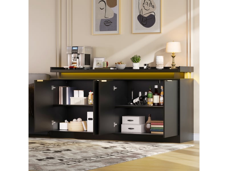  Buffet de cuisine avec 4 portes, étagères fixes et éclairage led pour salle à manger en mdf 160×39×83 cm noir  - Conforama C