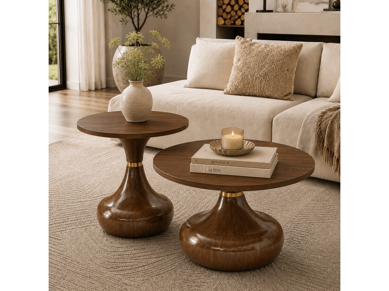  Tables basses gigognes avec 2 plateaux ronds et piètement sculpté, en mdf et métal, noyer, pour salon  - Conforama B