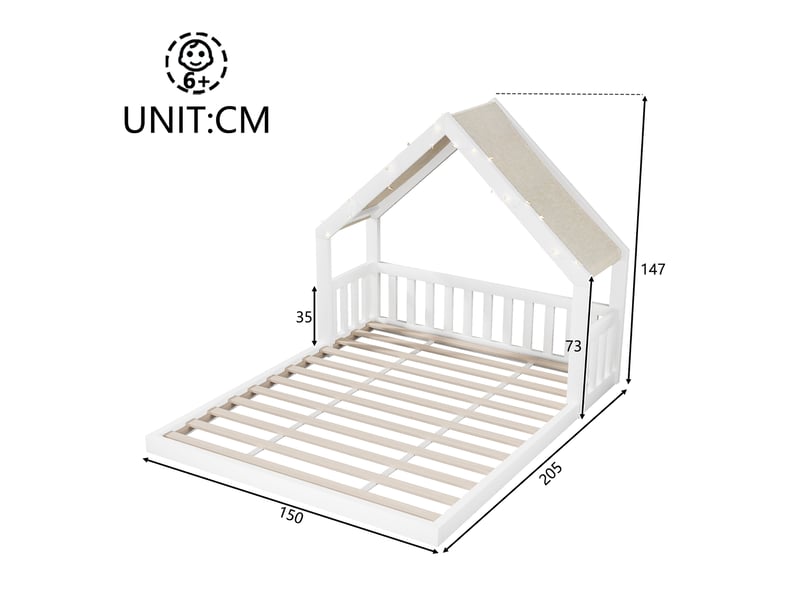  Lit cabane enfant 140x200 cm blanc mdf et pin, toit tissu et guirlande lumineuse  - Conforama C