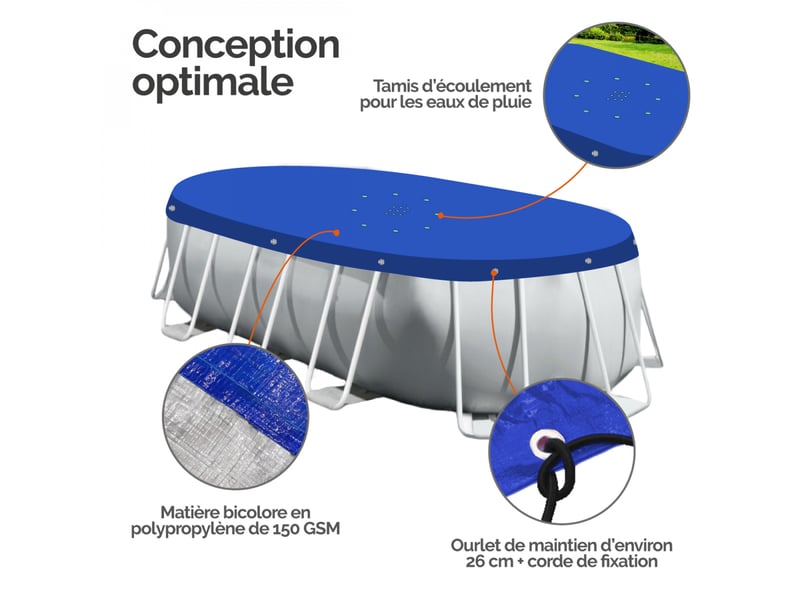 Bâche de protection réversible 4 saisons pour piscine hors sol - ovale 3,78 x 5,49 m - 150 gsm - bleu et gris - Conforama C