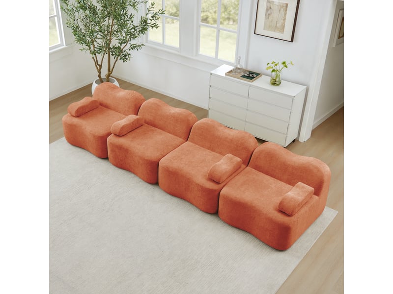  Canapé modulaire 4 places sans armature avec assise profonde et coussins d’accoudoirs, en velours orange  - Conforama D