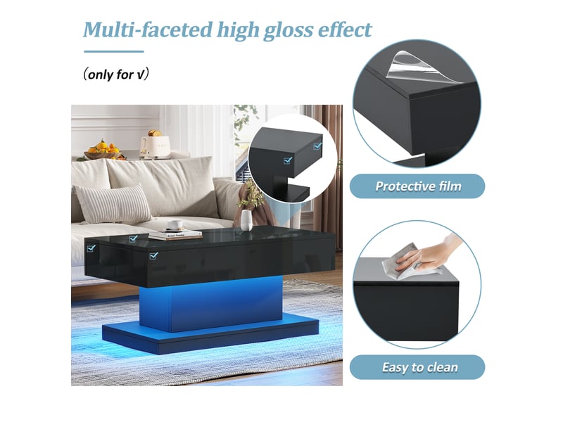  Table basse 100x50x45 cm avec éclairage led, 2 tiroirs, table d'appoint, salon, panneau de particules, noir brillant  - Conforama E