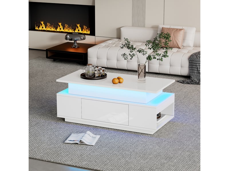  Table basse relevable blanche avec rangement caché, plateau hydraulique et éclairage led, 96x45x40cm  - Conforama D