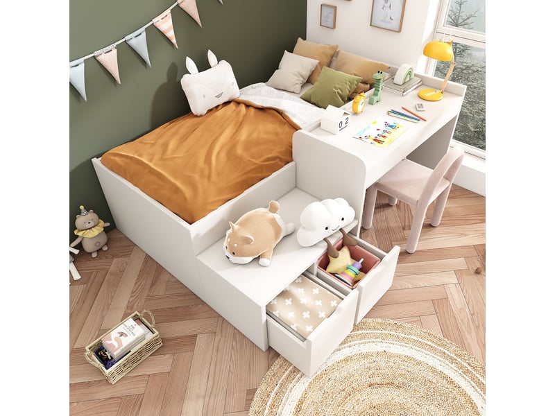  Lit enfant avec tiroirs 90x200 blanc en bois massif avec bureau intégré et sommier à lattes  - Conforama B