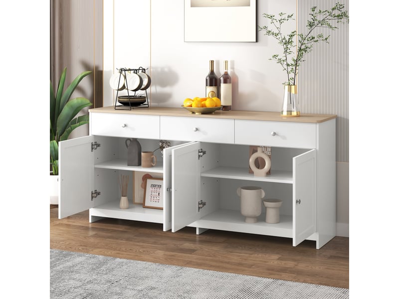  Commode quatre portes et trois tiroirs, 160 x 37 x 75 cm, avec étagères réglables, design de style rustique, finition bois et blanc  - Conforama D
