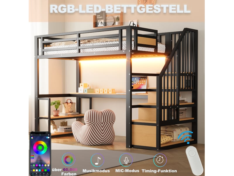 Lit mezzanine enfant 90x200 cm – noir – bureau, étagères, escalier de rangement, led - sans matelas - Conforama E