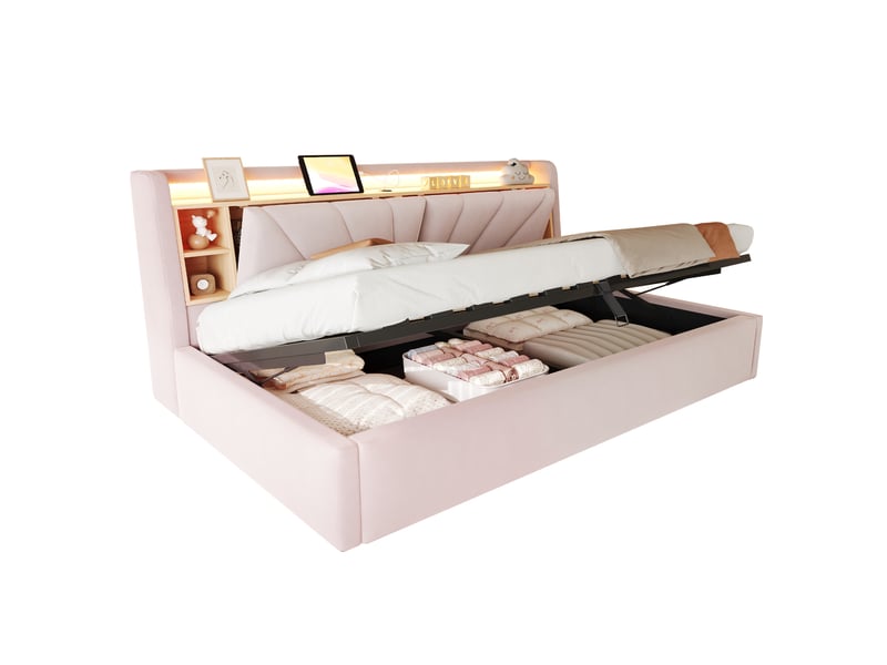  Lit simple 90x200 cm avec rangement hydraulique, tête de lit led avec usb et étagères, lit rembourré en velours avec coffre de rangement - rose  - Conforama A