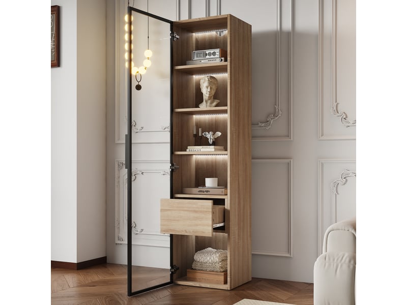  Meuble de salle de bain de 40 cm avec bande lumineuse, 1 grand tiroir et 1 porte vitrée  - Conforama C