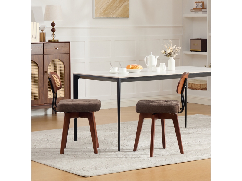  Chaise de salle à manger lot de 2 pivotante à 360° avec dossier en rotin tressé, en chenille marron café  - Conforama D