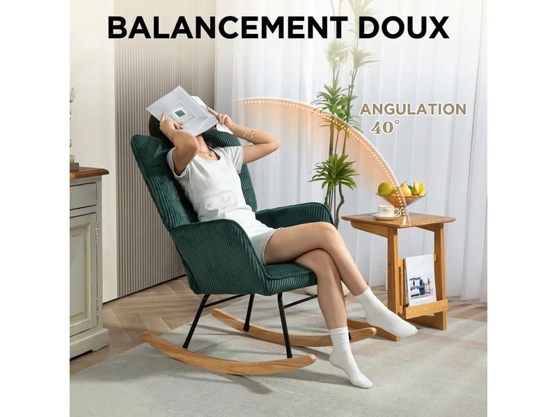  Fauteuil à bascule vert foncé en velours côtelé avec accoudoirs, fauteuil de relaxation pour salon et chambre, charge 120 kg  - Conforama R