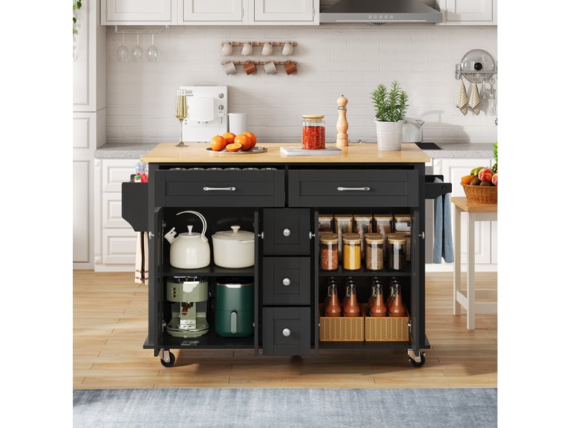  Desserte de cuisine 140x65x89 cm noire et naturelle avec plateau rabattable, 5 tiroirs  - Conforama B