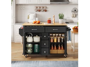 Desserte de cuisine 140x65x89 cm noire et naturelle avec plateau rabattable, 5 tiroirs