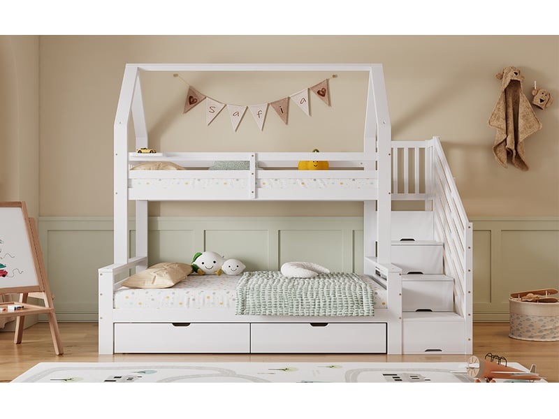  Lit superposé enfant 90x200+140x200 cm rangement, escalier et 2 tiroirs, structure de lit, bois, blanc, sans matelas  - Conforama D