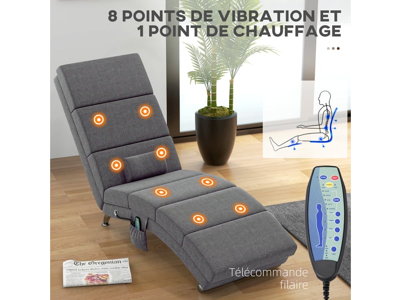  Fauteuil relax salon fauteuil de massage et chauffage meridienne avec télécommande et oreiller, gris, tissu effet lin  - Conforama D