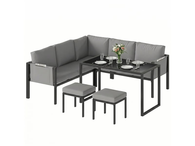 Salon de jardin canapé d'angle extérieur 6 pcs coussins 10cm table haute et 2 repose-pieds gris  - Conforama B