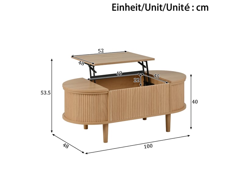  Table basse relevable ovale avec 2 rangements à couvercle, style vintage pour salon, mdf chêne, 100 × 48 × 53,5 cm  - Conforama E