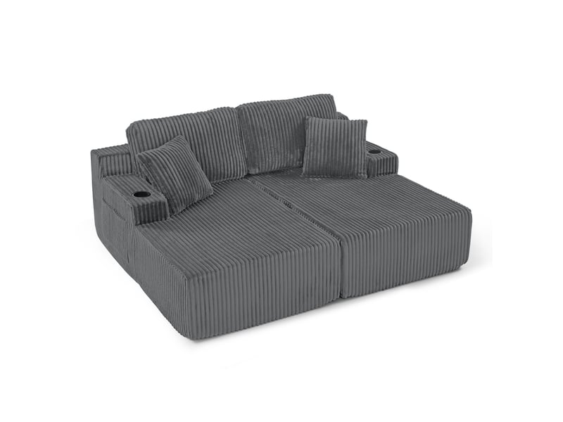 Canapé convertible 2 places en tissu côtelé gris avec poche latérale, porte-gobelet et coussins - Conforama A