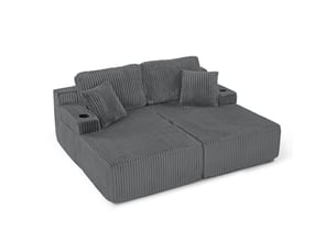 Canapé convertible 2 places en tissu côtelé gris avec poche latérale, porte-gobelet et coussins