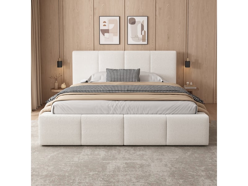  Lit double minimaliste 180x200 cm avec rangement, sommier à lattes, style moderne, tissu bouclette beige, sans matelas  - Conforama B