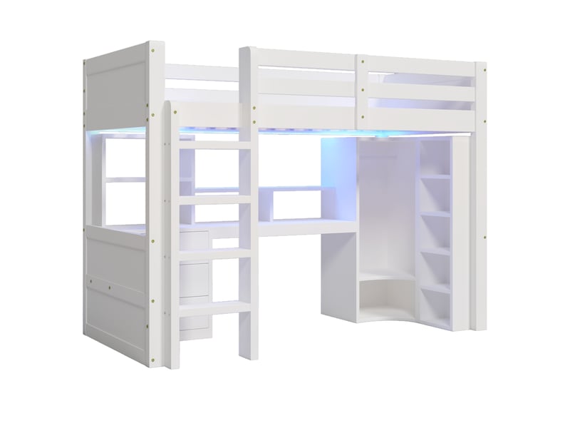  Lit mezzanine enfant 90x200 cm avec led, armoire, bureau, tiroirs et compartiments de rangement, pin, blanc, sans matelas  - Conforama D