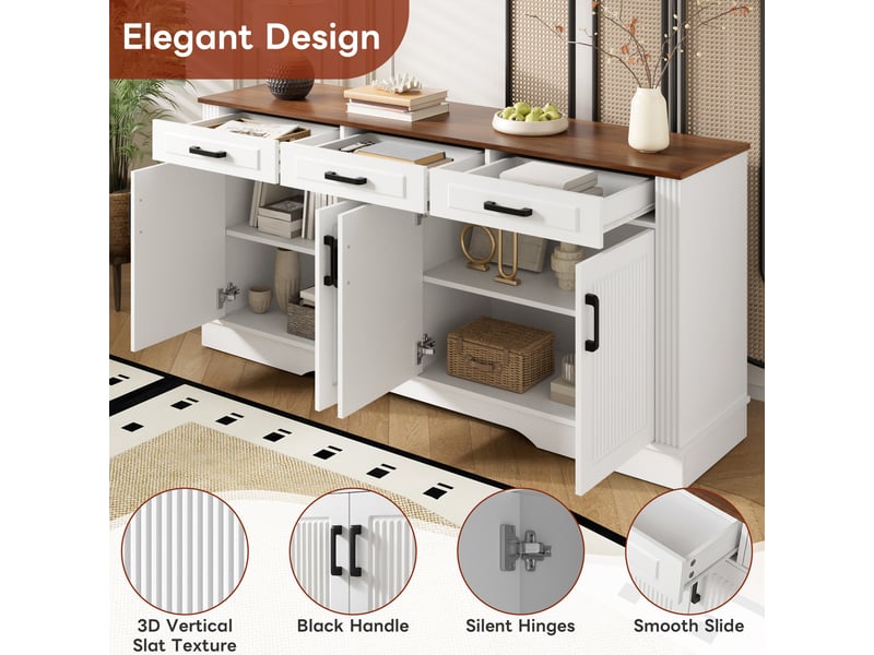 Buffet blanc, 3 tiroirs, 4 portes, rangement, fermeture douce, étagères réglables, façade texturée - mdf - 160x40x75cm - Conforama D