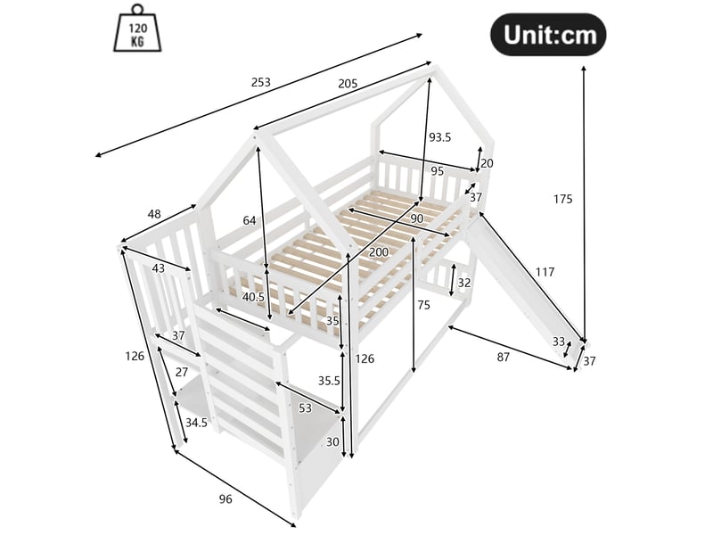  Modenvie lit mezzanine enfant 90x200 cm - avec toboggan, escalier de rangement, sans matelas - blanc  - Conforama C