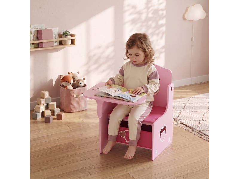  Ensemble table et chaises pour enfants de 3 à 5 ans, en mdf avec motifs de cœurs et rangement intégré, rose.  - Conforama B