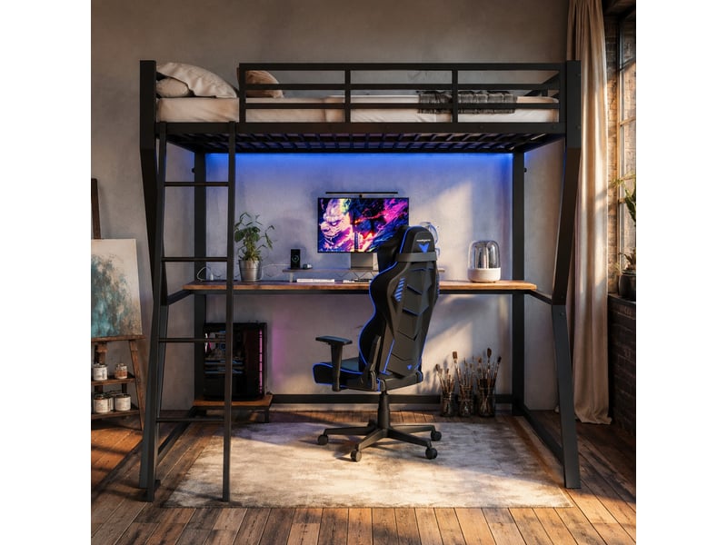  Lit mezzanine 140x200 cm noir avec bureau, led, prises usb et étagère pc  - Conforama B