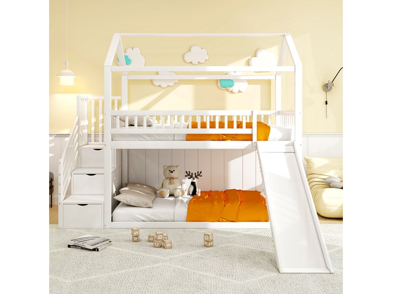  Modenvie lit mezzanine enfant 90x200 cm - avec toboggan, échelle de rangement - sommier inclus - blanc  - Conforama D