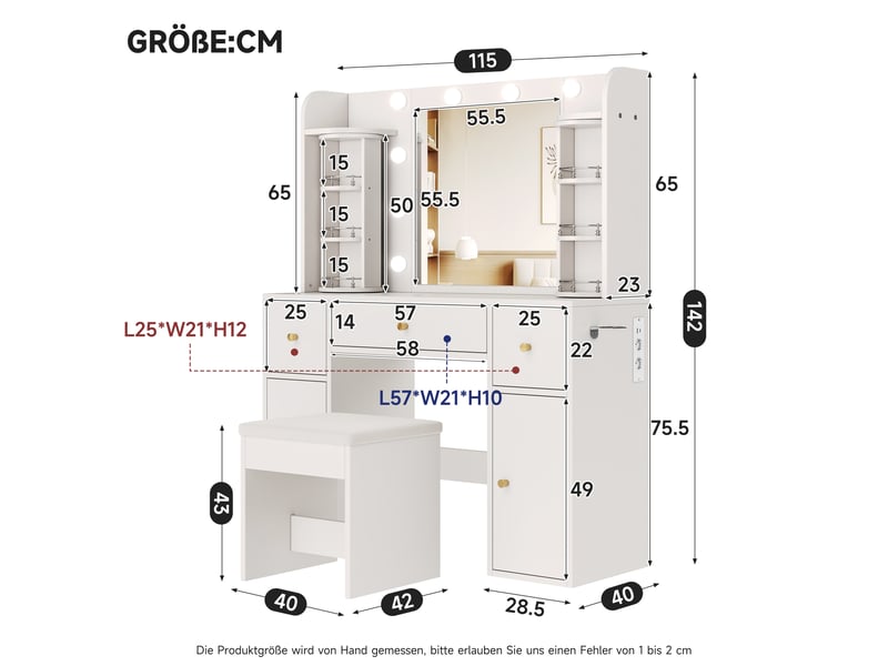 Coiffeuse blanche avec miroir et éclairage led variable, organisateur à bijoux rotatif, station de charge usb-c et support sèche-cheveux, 3 tiroirs et 2 armoires - Conforama C