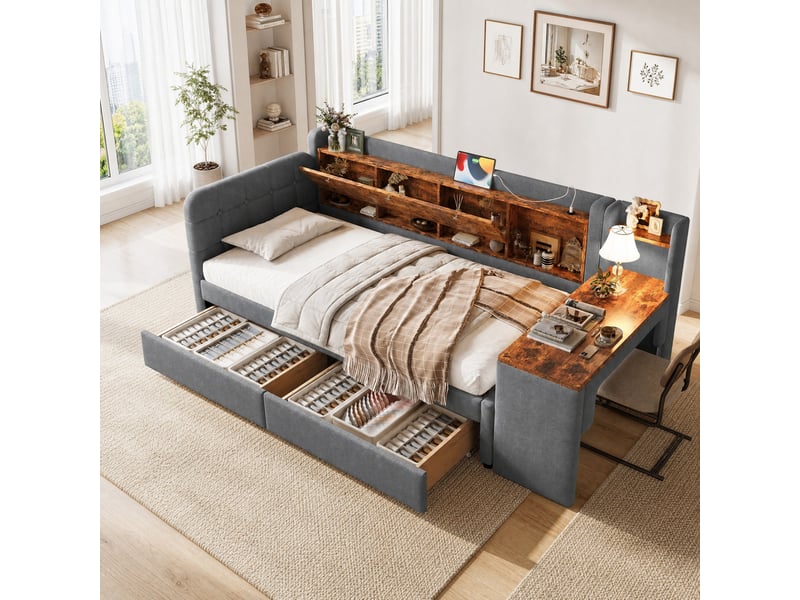  Lit simple 90x200 cm avec bureau et 2 tiroirs en lin et mdf gris  - Conforama B