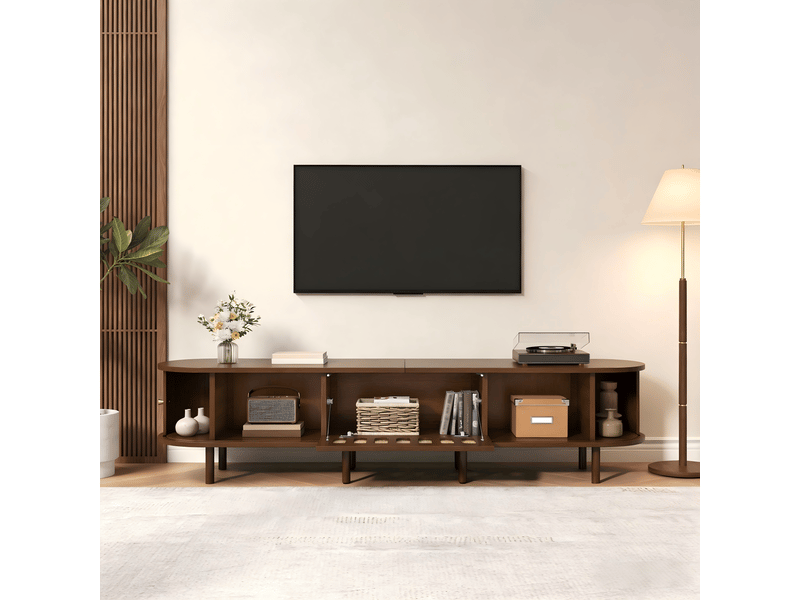 Meuble tv noyer foncé 180 cm, banc tv ovale effet rotin avec portes coulissantes, 180x40x40cm, mdf, noyer - Conforama R