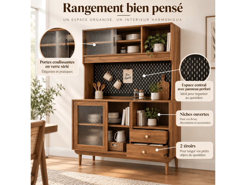  Buffet de cuisine avec portes coulissantes en verre cannelé, tiroirs et étagères ouvertes, panneau perforé, mdf et panneau de particules OMNIGLINT TRADING LTD - Conforama D