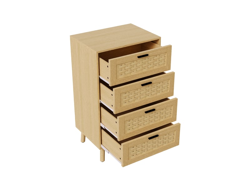 Commode 4 tiroirs en pvc effet rotin - 55 x 40 x 95 cm-chêne - meuble de rangement avec pieds en bois massif et dispositif anti-basculement - Conforama A