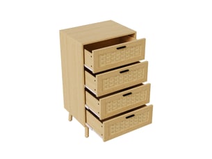 Commode 4 tiroirs en pvc effet rotin - 55 x 40 x 95 cm-chêne - meuble de rangement avec pieds en bois massif et dispositif anti-basculement