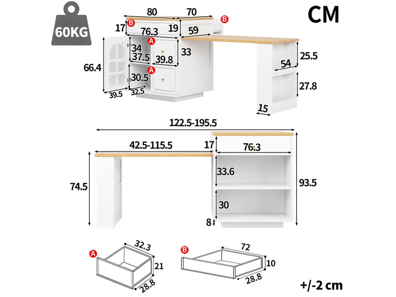 Îlot de cuisine extensible 122,5-195,5 cm avec led rgb, blanc et verre - Conforama C