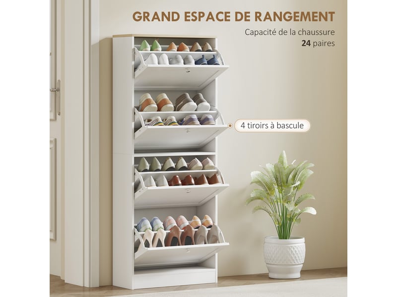  Meuble à chaussures 24 paires, armoire à chaussures avec 4 tiroirs rabattables, étagères réglables, 60x23,5x153cm, blanc  - Conforama E