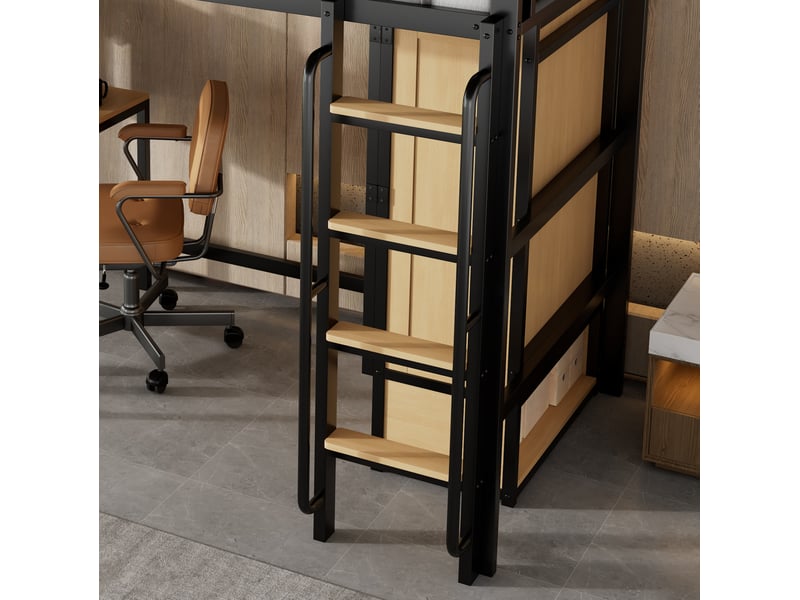  Lit mezzanine 90x200 cm, lit avec bureau, armoire et rangement, structure métal et mdf, noir et naturel, sans matelas  - Conforama E