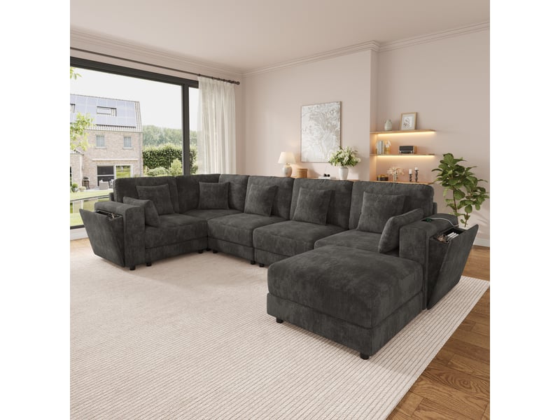 Canapé d'angle modulable 6 places 215x215x82 cm en lu avec usbusb-c, porte-gobelets, rangements intégrés, 7 coussins, chenille - gris Bliss Lite - Conforama D