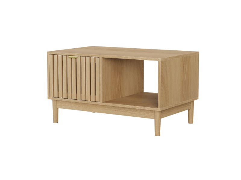 Table basse 80 cm mi-siècle moderne - cadre treillis, tiroir, étagères ouvertes, pieds en chêne massif - Conforama A